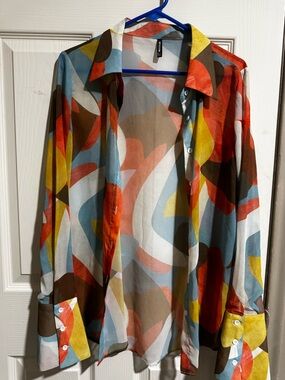 PrettyLittleThing Multicolor Abstract Swim Coverup — Red, Blue, Yellow, Brown